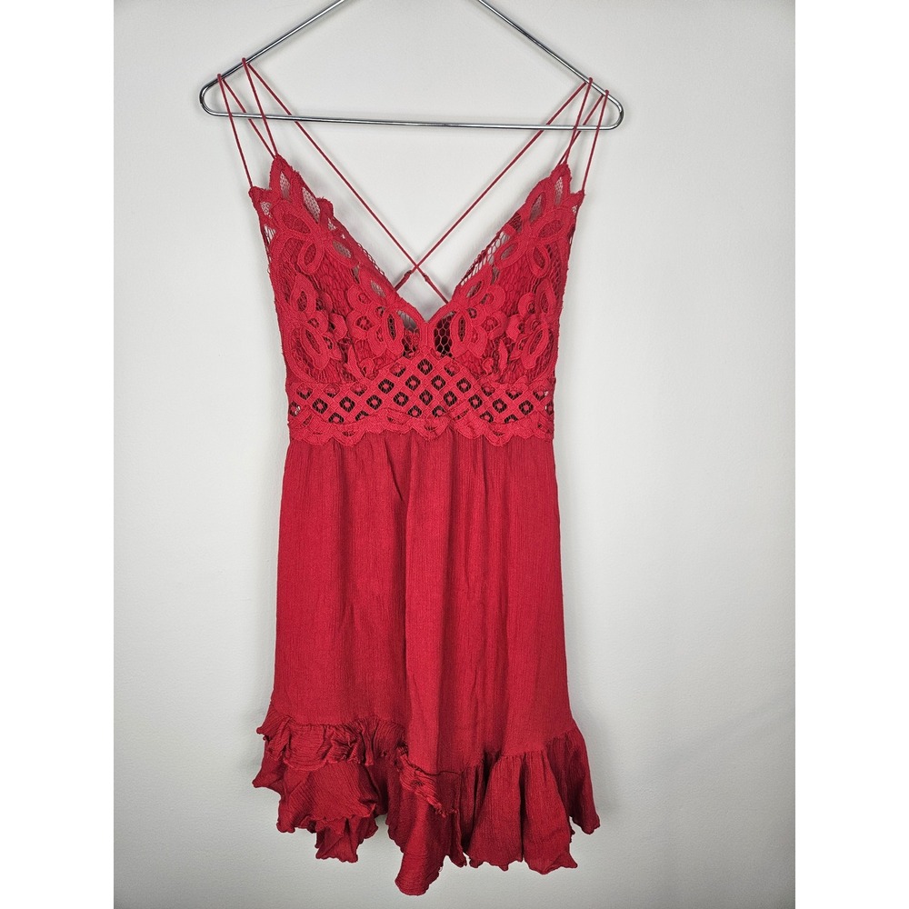 Free People FP One Adella Red Lace Crochet Smocked Ruffle Slip Dress Womens L